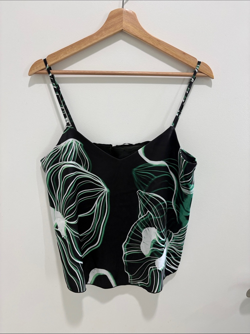 Black Floral-Print V-Neck Satin Camisole with Green Accents
